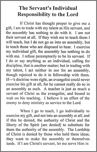 The Servant's Individual Responsibility to the Lord by John Nelson Darby