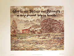 Large Art Print Calligraphy Text: (Above the Locks) God is our Refuge and Strength . . . . Psalm 46:1 by J. Maxted