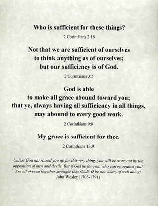 Small Frameable 8.5" x 11" Wesley Quote Text Print: Who is sufficient . . . ? 2 Corinthians 2:16, 3:5, 9:8, and 13:9 by ShareWord Wall Witness, John Wesley, King James Version
