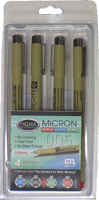 Pigma Micron Bible Marking Pen Set: Ultra-Fine .005" Tips, Black, Blue, Red, and Green Inks by Sakura