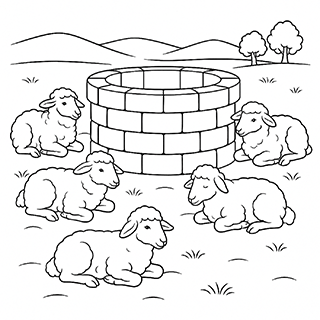 Sheep lying around a well